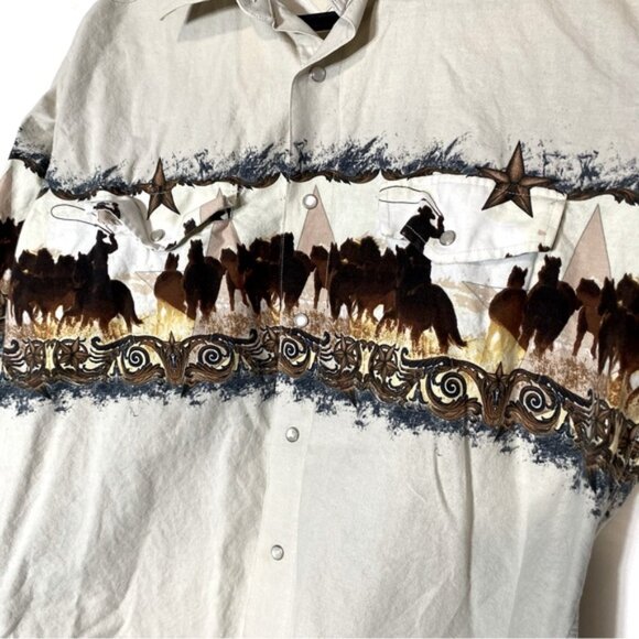Vintage Panhandle Slim Beige Cowboy Horses Landscape Print Pearl Snap Shirt L - Picture 5 of 12